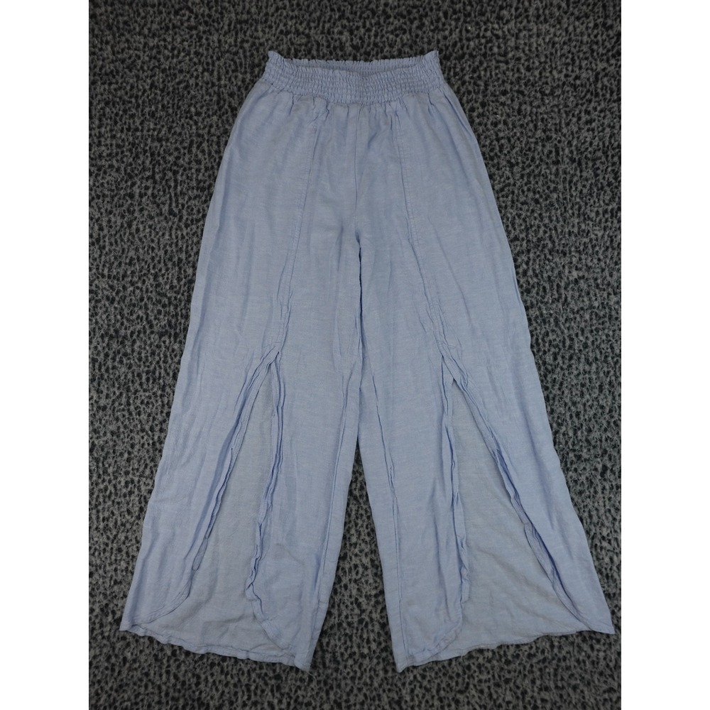 Land 'n Sea Wide Leg Slit Pants Womens Medium Light Blue Linen Blend Smocked
